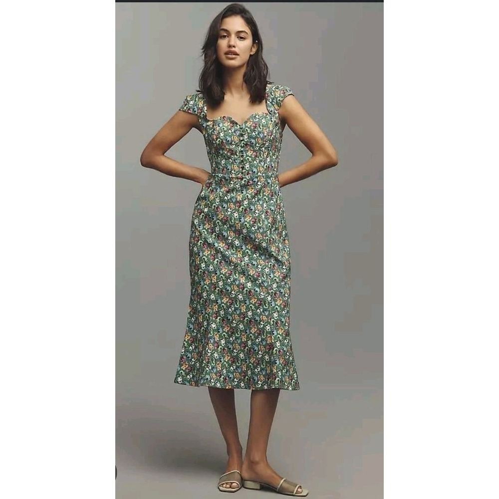 Anthropologie Maeve Cecily Fit & Flare Sweetheart Midi Dress Women's Large Green